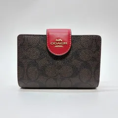 3591 美品 COACH コーチ 折り財布 シグネチャー PVC コンパクトウォレット レッド ダークブラウン