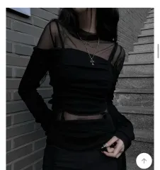 ブラック シースルー レイヤード +シャーリング ロングスリーブ トップス セット