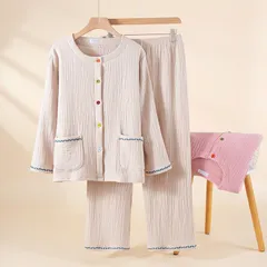 122レディースパジャマ 柔らか4重ガーゼ 秋冬 綿100 ルームウェア寝間着