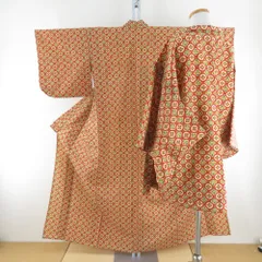 ウール着物 アンサンブル 着物と羽織2点セット 単衣 黄色ｘ赤色ｘ緑色 丸に花模様 バチ衿 居敷当て付き カジュアルきもの 身丈153cm