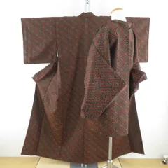 ウール着物 アンサンブル 着物と羽織2点セット 単衣 黒色ｘ赤色ｘ黄色 紗綾形模様 バチ衿 カジュアルきもの 身丈152cm