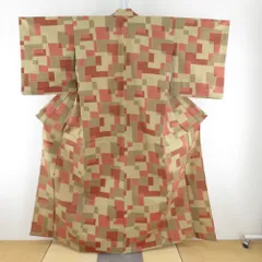 ウール着物 単衣 砂色ｘ赤色 幾何学模様 バチ衿 カジュアルきもの 普段着物 仕立て上がり 身丈157cm