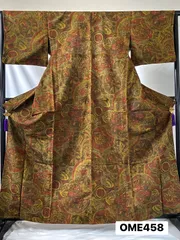 【着物】小紋　単衣　ウール　絹　騎士　馬　鶏　花　着物　和装　OME458