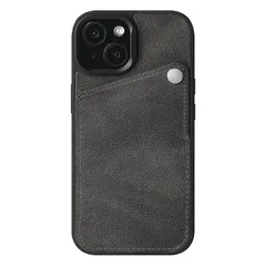 【新品】 オイルレザー 本革 スマホケース iPhone 14 互換性 対応ケース ヴィンテージ風 スマホスタンド カード収納 ストラップ (チャコールグレー)