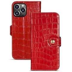【新品】 iPhone 13 Pro Max ケース 手帳型 クロコ型押し 本革 カバー 6.7インチ対応 カード入れ スタンド機能 ストラップホール付き マグネットスナップボタン式 スマホケース(レッド) 1
