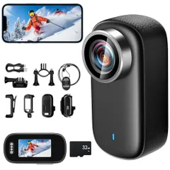 4Kアクションカメラ ウェアラブルカメラ 小型ビデオカメラ 小型Vlogビデオカメラ WiFi スマホ連携 1.47モニター搭載 123度広角 3時間稼働 HDR搭載暗視機能【32Gカード付属】256GB対応 53g軽量 上書き録画 IP65防水 Vlog/旅