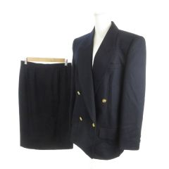 ダックス DAKS スーツ ジャケット スカート 7AR 63-90 紺 ネイビー 総裏地 ダブルブレスト 長袖 ピークドラペル /MN11 ■ECC001