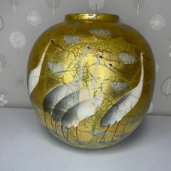 現状品 九谷焼 光陽 山田登陽志 金箔鶴 花瓶 花器 径25×高24cm 陶器 現状品 九谷焼 光陽 山田登陽志 金箔鶴 花瓶 花器 径25×高24cm 陶器