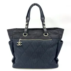 CHANEL パリビアリッツ シリアル番号13番台 レザー×キャンバス ネイビー×ブラック トートバッグ ゴールド