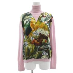 エルメス タートルネックニット 38 カシミヤ65% シルク バードプリント 