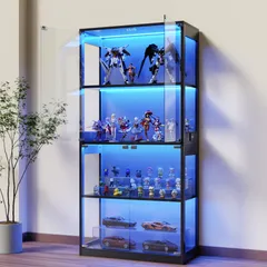 「数量限定セール」 ガラスディスプレイキャビネットガラスケース 大型 4段両扉タイプ コレクションシェルフ おしゃれ フィギュアケース LEDライト付き 幅80×奥行35×高さ165cm ブラック