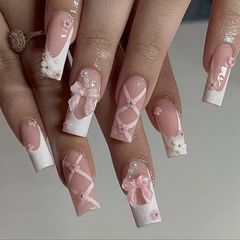 No.458 【24枚セット】ネイルチップ フレンチ リボン フラワー ピンク