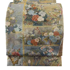 【美品】 袋帯 名品 花歳詩季 草花 違い棚 24金プラチナ二十箔 金糸 青灰色 お太鼓柄 正絹 【中古】