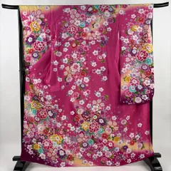 振袖 身丈167cm 裄丈66cm M 袷 蝶 草花 箔 ぼかし ピンク 正絹 名品 【中古】