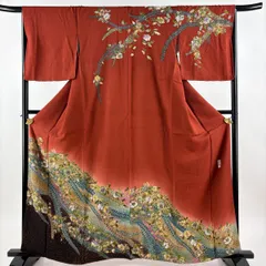 訪問着 身丈162cm 裄丈66.5cm M 袷 落款 辻が花 地紋 金彩 ぼかし 赤茶 正絹 秀品 【中古】