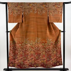 訪問着 身丈155.5cm 裄丈62.5cm S 袷 辻が花柄 草花 縮緬 染め分け 茶色 正絹 秀品 【中古】