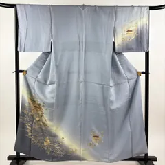 付下げ 身丈159.5cm 裄丈65.5cm M 袷 建物 草花 金銀彩 ぼかし 青灰色 正絹 秀品 【中古】