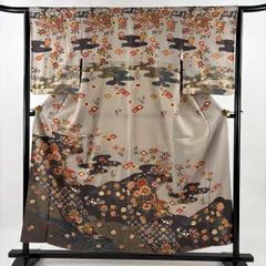 訪問着 身丈156cm 裄丈64cm M 袷 草花 鳥 金彩 染め分け 灰茶 正絹 優品 【中古】