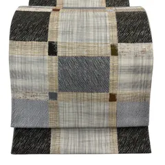 袋帯 名品 格子 幾何学 ベージュ 六通 正絹 【中古】