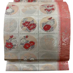 【美品】 名古屋帯 優品 松葉仕立て 草花 流水 箔 灰白 正絹 【中古】