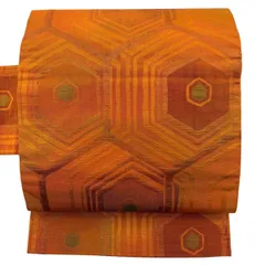 名古屋帯 優品 亀甲 幾何学模様 オレンジ 正絹 【中古】