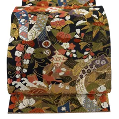 【美品】 袋帯 秀品 短冊 花鳥 箔 唐織 黒 六通 正絹 【中古】