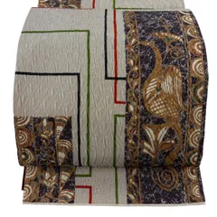 【美品】 袋帯 秀品 鳥 花唐草 金彩 灰茶 全通 正絹 【中古】