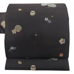 名古屋帯 秀品 わらべ詩 貝合わせ 手鞠 金糸 焦茶色 正絹 【中古】