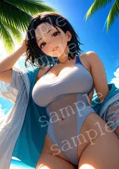 TA-0163 A4 AIアートフォト 南国ビーチ 透け感ワンピース水着 ショートボブ 女性