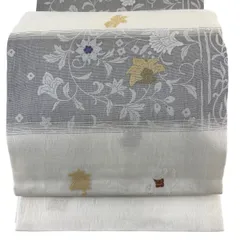 【美品】 袋帯 名品 花唐草 段縞 金糸 灰色 六通 正絹 【中古】