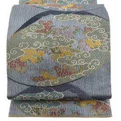 【美品】 袋帯 秀品 春景貝合せ文 桜 雲文 唐織 金銀糸 青灰色 六通 正絹 【中古】