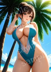 TA-0161 A4 AIアートフォト 美女 南国ビーチ 深Vワンピース水着 女性 ヤシの木 青空