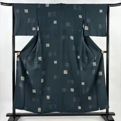 小紋 身丈155.5cm 裄丈64cm M 単衣 樹木 縞 金彩 深緑 正絹 秀品 【中古】