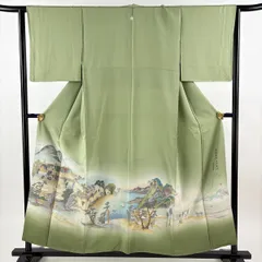 【美品】 色留袖 身丈155.5cm 裄丈63cm S 袷 落款 人物 風景 金銀糸 ぼかし よもぎ色 正絹 秀品 一つ紋 【中古】