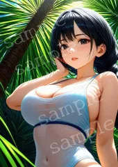 TA-0159 A4 AIアートフォト 美女 南国ビーチ ブルーワンピース水着 パームリーフ 女性