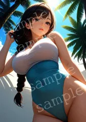 TA-0158 A4 AIアートフォト 美女 南国パーム ターコイズワンピース水着 青空 ビーチ