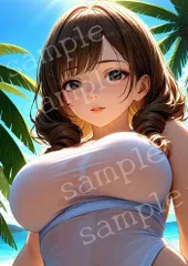 TA-0156 A4 AIアートフォト 美女 南国ビーチ 白水着ポートレート ヤシの木 海