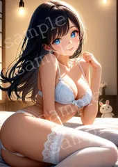 TA-0146 A4 AIアートフォト 美女 寝室 白レース ランジェリー風ポートレート 青い瞳
