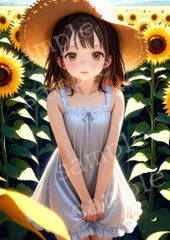 TA-0151 A4 AIアートフォト ひまわり畑 麦わら帽子 夏風景 ポートレート 美女