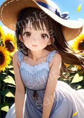 TA-0152 A4 AIアートフォト ひまわり畑 麦わら帽子 アップ 夏ポートレート 美女
