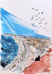 原画#391 黒猫 猫 ニース フランス 空 水彩画 ドローイング ヨーロッパ