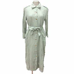 ザラ ZARA シャツワンピース ロング丈 ウエストマーク 長袖 麻 リネン混S 緑 ライトグリーン /YK