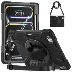 iPad Pro 11 ケース 2024 M4 アイパッド プロ 11 インチ（5世代）ケース 2024 A2836/A2837 SIBEITU 耐衝撃 衝撃吸収 スタンド ハンドストラップ 肩掛けー ショルダーストラップ 回転 頑丈 仕事用 防塵  ...