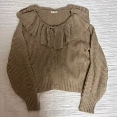 ブラウン ベージュ フリル 長袖 編み カーディガン