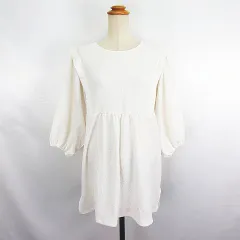 SEASON REASON by Lin＆Red ワンピース チュニック 七分袖 ラウンドネック ミニ丈 バックオープン シワ加工 ストレッチ LL アイボリー ※EKM
