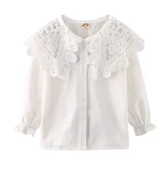 シャツ 長袖 女の子 レース襟ブラウス フォーマル 丸衿 白ブラウス 子供服 無地 タイプ ジュニア トップス [YUEGUANG] 結婚式 発表会 卒業式 入学式
