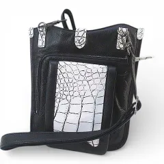 ショルダーバッグ クロスボディ 斜めがけ ブラック 黒系 クロコダイル型押し レザー 