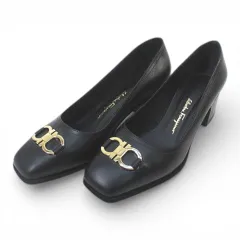 サルヴァトーレフェラガモ Salvatore Ferragamo ガンチーニ パンプス スクエアトゥ 4.5 ブラック 黒系 レザー イタリア製