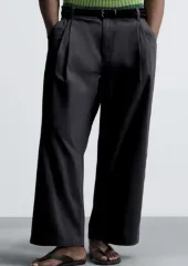 ザラ メンズ ツータック ワイドフィット パンツ コットン パンツ