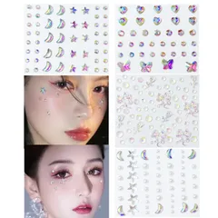 キラキラ 涙メイク キラキラ 月 フェイスストーン 星 顔面デコ 4枚セット ネイルデコパーツ 光る DIY用品 3D 自己吸着式で接着剤不要 クリスタル (A) ラインストーンステッカー